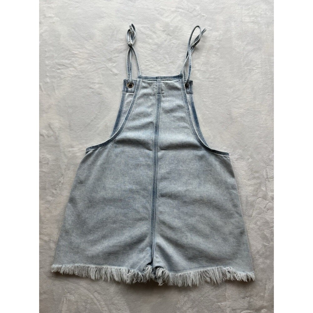 Aerie Women’s Light Wash Denim Romper Shortalls Frayed Hem Adjustable Straps S